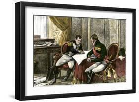 Napoleon Bonaparte and Tsar Alexander I Discussing a Treaty of Alliance at Tilsit, c.1807-null-Framed Giclee Print