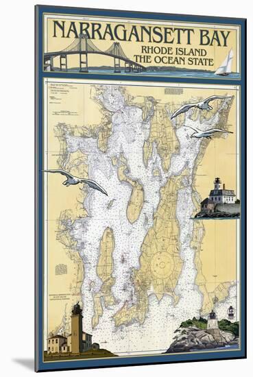 Narragansett Bay, Rhode Island Nautical Chart-Lantern Press-Mounted Art Print