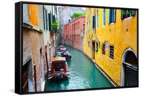 Narrow Canal with Boats in Venice, Italy-Zoom-zoom-Framed Stretched Canvas