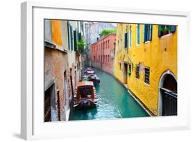 Narrow Canal with Boats in Venice, Italy-Zoom-zoom-Framed Photographic Print