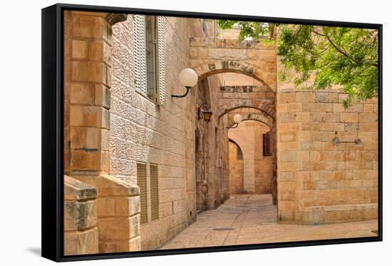Narrow Cobbled Street among Traditional Stoned Houses of Jewish Quarter at Old Historic Part of Jer-rglinsky-Framed Stretched Canvas