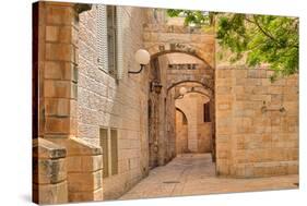 Narrow Cobbled Street among Traditional Stoned Houses of Jewish Quarter at Old Historic Part of Jer-rglinsky-Stretched Canvas