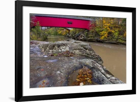 Narrow Covered Bridge over Sugar Creek in Parke County, Indiana, USA-Chuck Haney-Framed Photographic Print