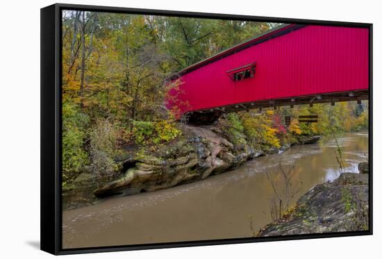 Narrow Covered Bridge over Sugar Creek in Parke County, Indiana, USA-Chuck Haney-Framed Stretched Canvas