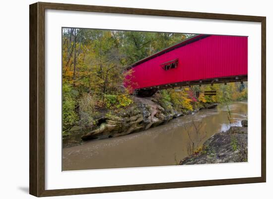 Narrow Covered Bridge over Sugar Creek in Parke County, Indiana, USA-Chuck Haney-Framed Photographic Print