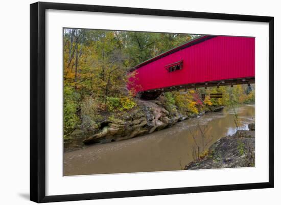 Narrow Covered Bridge over Sugar Creek in Parke County, Indiana, USA-Chuck Haney-Framed Photographic Print