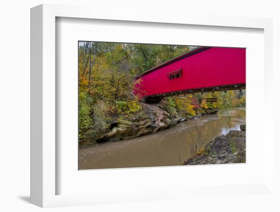 Narrow Covered Bridge over Sugar Creek in Parke County, Indiana, USA-Chuck Haney-Framed Photographic Print