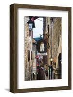 Narrow Medieval Street with Signs and Lamps, Sermoneta, Italy-George Oze-Framed Photographic Print