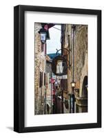 Narrow Medieval Street with Signs and Lamps, Sermoneta, Italy-George Oze-Framed Photographic Print