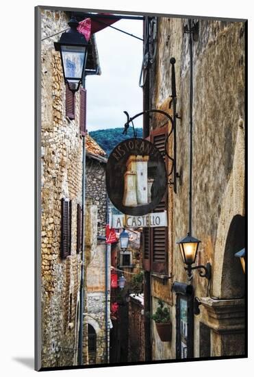 Narrow Medieval Street with Signs and Lamps, Sermoneta, Italy-George Oze-Mounted Photographic Print