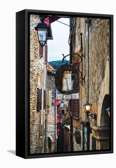 Narrow Medieval Street with Signs and Lamps, Sermoneta, Italy-George Oze-Framed Stretched Canvas