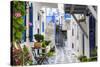 Narrow street, whitewashed buildings with blue paint work, flowers, Mykonos Town (Chora), Mykonos,-Eleanor Scriven-Stretched Canvas