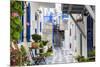 Narrow street, whitewashed buildings with blue paint work, flowers, Mykonos Town (Chora), Mykonos,-Eleanor Scriven-Mounted Photographic Print