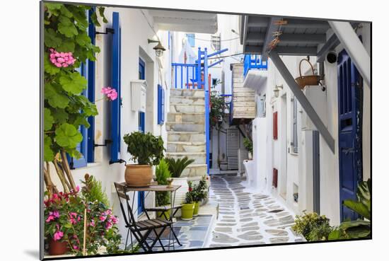 Narrow street, whitewashed buildings with blue paint work, flowers, Mykonos Town (Chora), Mykonos,-Eleanor Scriven-Mounted Photographic Print