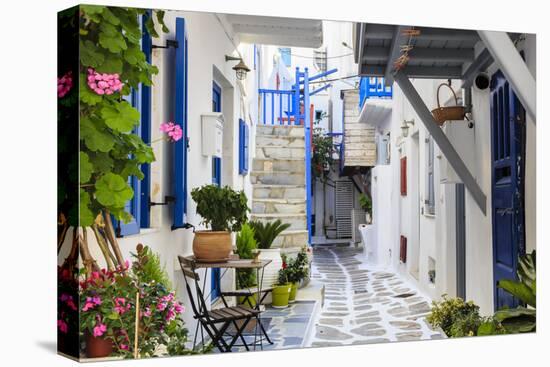 Narrow street, whitewashed buildings with blue paint work, flowers, Mykonos Town (Chora), Mykonos,-Eleanor Scriven-Stretched Canvas