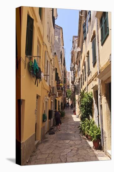 Narrow Street with Lady Sweeping, Old Town, Corfu Town-Eleanor Scriven-Stretched Canvas