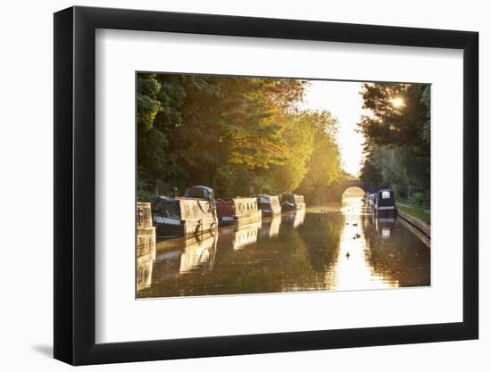 Narrowboats moored on the Kennet and Avon Canal at sunset, Kintbury, Berkshire, England-Stuart Black-Framed Photographic Print