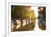 Narrowboats moored on the Kennet and Avon Canal at sunset, Kintbury, Berkshire, England-Stuart Black-Framed Photographic Print