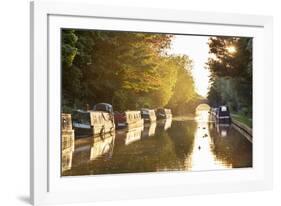 Narrowboats moored on the Kennet and Avon Canal at sunset, Kintbury, Berkshire, England-Stuart Black-Framed Photographic Print