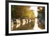 Narrowboats moored on the Kennet and Avon Canal at sunset, Kintbury, Berkshire, England-Stuart Black-Framed Photographic Print