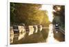 Narrowboats moored on the Kennet and Avon Canal at sunset, Kintbury, Berkshire, England-Stuart Black-Framed Photographic Print