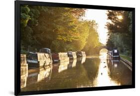 Narrowboats moored on the Kennet and Avon Canal at sunset, Kintbury, Berkshire, England-Stuart Black-Framed Photographic Print