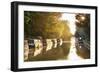 Narrowboats moored on the Kennet and Avon Canal at sunset, Kintbury, Berkshire, England-Stuart Black-Framed Photographic Print