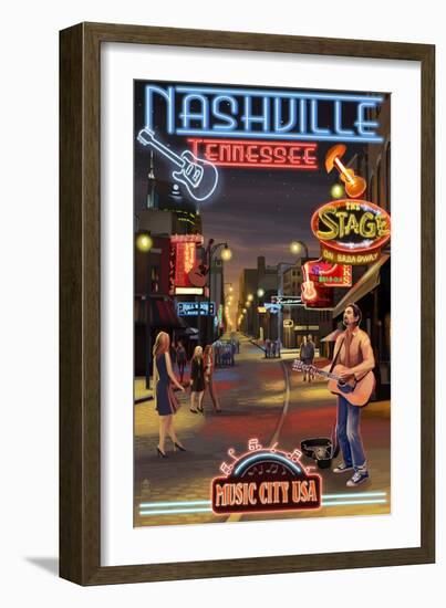 Nashville, Tennessee - Broadway at Night-Lantern Press-Framed Art Print