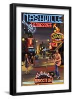 Nashville, Tennessee - Broadway at Night-Lantern Press-Framed Art Print