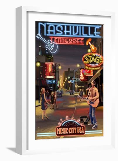 Nashville, Tennessee - Broadway at Night-Lantern Press-Framed Art Print