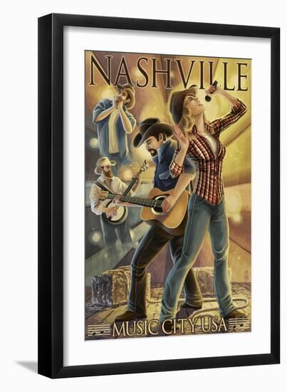 Nashville, Tennessee - Country Band Scene-Lantern Press-Framed Art Print