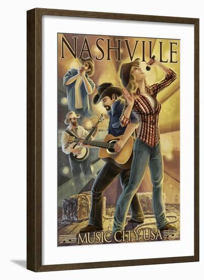 Nashville, Tennessee - Country Band Scene-Lantern Press-Framed Art Print