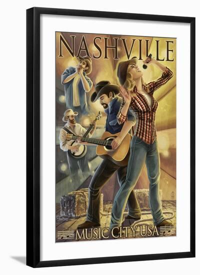 Nashville, Tennessee - Country Band Scene-Lantern Press-Framed Art Print