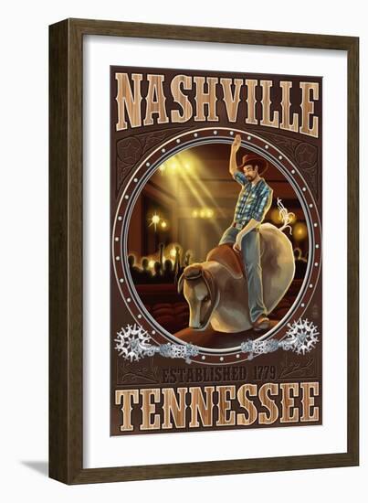 Nashville, Tennessee - Cowboy and Mechanical Bull-Lantern Press-Framed Art Print