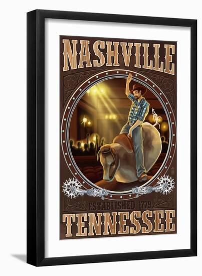 Nashville, Tennessee - Cowboy and Mechanical Bull-Lantern Press-Framed Art Print