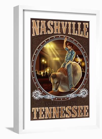 Nashville, Tennessee - Cowboy and Mechanical Bull-Lantern Press-Framed Art Print