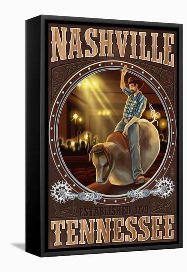 Nashville, Tennessee - Cowboy and Mechanical Bull-Lantern Press-Framed Stretched Canvas