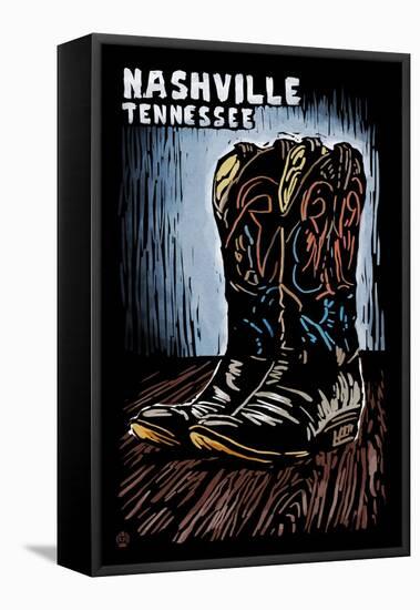 Nashville, Tennessee - Cowboy Boots - Scratchboard-Lantern Press-Framed Stretched Canvas