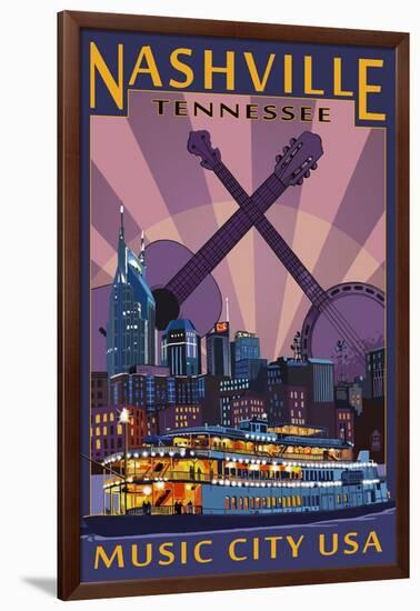 Nashville, Tennessee - Skyline at Night-Lantern Press-Framed Art Print