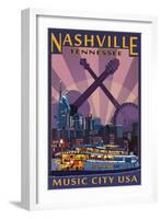 Nashville, Tennessee - Skyline at Night-Lantern Press-Framed Art Print