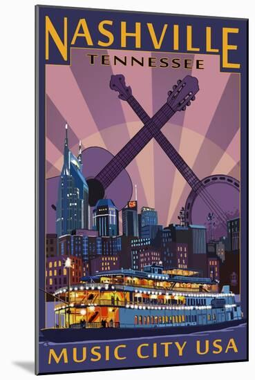 Nashville, Tennessee - Skyline at Night-Lantern Press-Mounted Art Print