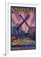 Nashville, Tennessee - Skyline at Night-Lantern Press-Framed Art Print