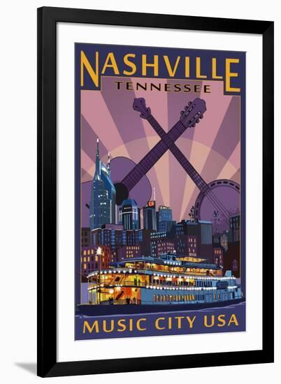 Nashville, Tennessee - Skyline at Night-Lantern Press-Framed Art Print