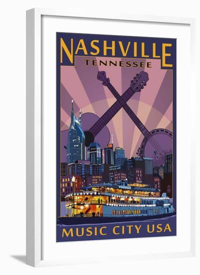 Nashville, Tennessee - Skyline at Night-Lantern Press-Framed Art Print