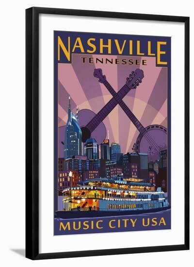 Nashville, Tennessee - Skyline at Night-Lantern Press-Framed Art Print