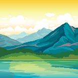 Vector Summer Landscape with Green Flowering Field, Forest, Mountains and Lake on a Blue Cloudy Sky-Natali Snailcat-Laminated Art Print