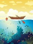 Vector Seascape - Wooden Boat on a Sunset Sky and Underwater Marine Life with School of Fish and Co-Natali Snailcat-Art Print