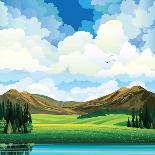 Vector Summer Landscape with Green Flowering Field, Forest, Mountains and Lake on a Blue Cloudy Sky-Natali Snailcat-Framed Stretched Canvas