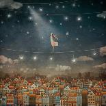 Illustration of Cute Houses and Pretty Girl  in Night Sky-natalia_maroz-Laminated Art Print