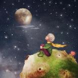 The Little Prince with a Rose on a Planet in Beautiful Night Sky ,Illustration Art-natalia_maroz-Art Print